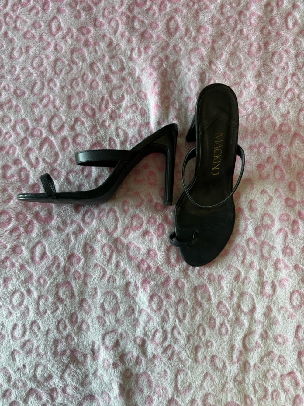 MACKINJ Black Leather Strappy Heeled Sandals for Women